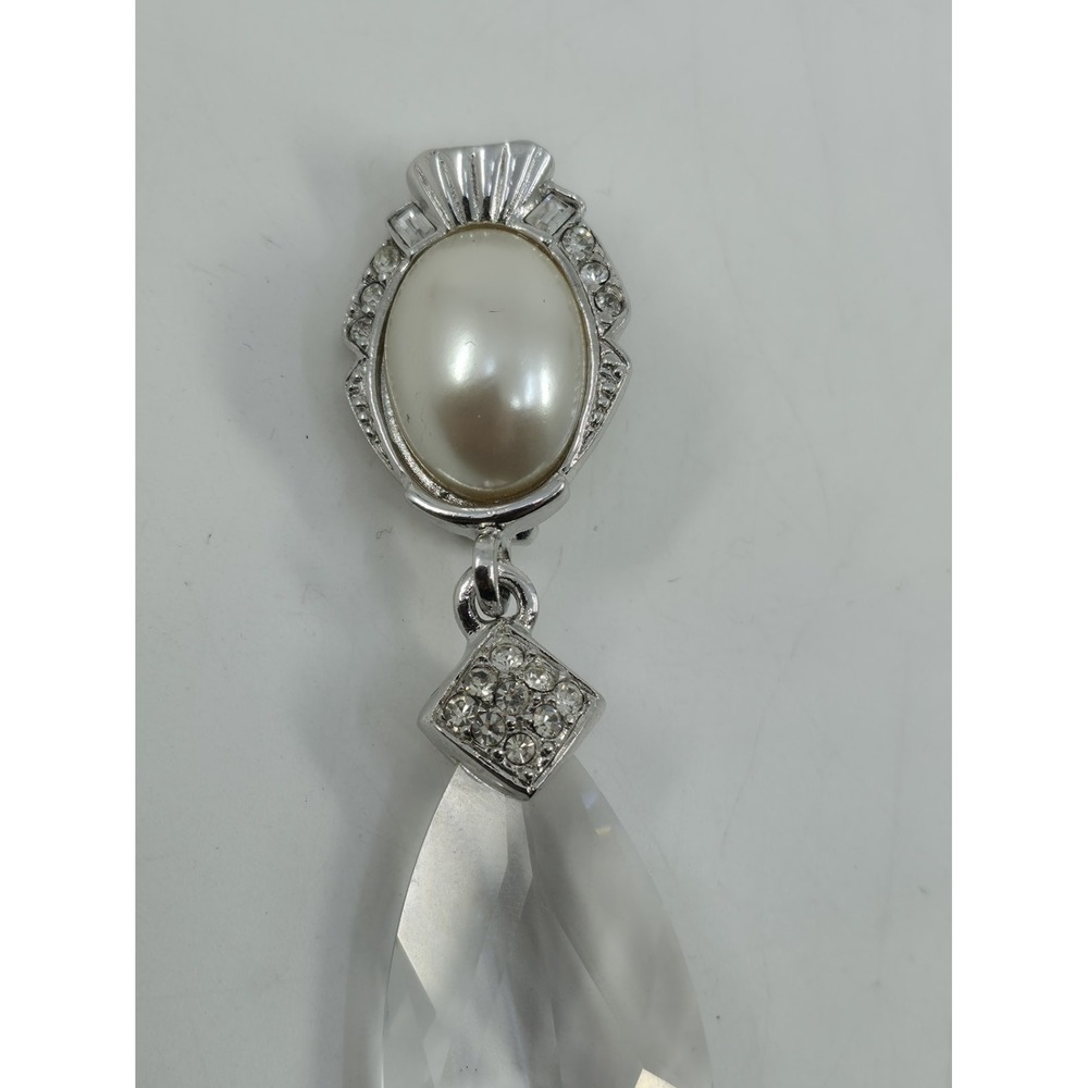 Vintage Signed Craft Silver Tone Faux Pearl Rhinestone Teardrop Crystal Brooch - Picture 2 of 6